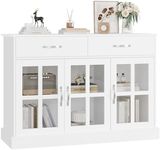 FirFurd 120cm White Sideboard Storage Cabinet Kitchen Sideboard with 3 Glass Doors 2 Drawers and Adjustable Shelves Wooden Display Cabinets for Living Room Dining Room 120x40x84cm