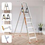 Prime Safe-T 6Step (5+1) Foldable Aluminium Ladder for Home and Office Use with Hand-Rails | Anti-Skid PVC Shoes | Garment Guards | Heavyduty Antiskid Platform