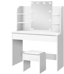 ALFORDSON Dressing Table Stool Set Makeup Vanity Desk with Mirror 10 LED Bulbs/Adjustable Brightness Light & Storage Drawer Chair, Dresser Vanity Table Organiser for Bedroom Dressing Room, All White