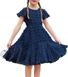 Flypigs Robe Filles Élégante Mignonne Élégante Princesse Longueur Genou Mousseline de Soie Robes Robe d'été Robe décontractée Enfants Bleu foncé 10-11 Ans