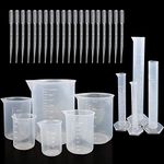 SPYLX 4 PCS Plastic Graduated Cylinders 10ml/25ml/50ml/100ml and 6 PCS Plastic Beakers 50ml/100ml/150ml/250ml/500ml/1000ml for DIY and Laboratory Measuring with 20 Plastic Droppers in 3 ml