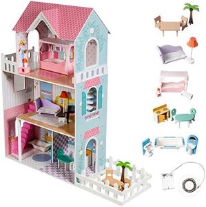 Mamabrum Wooden Dolls House XXL with Terrace Garden, LED Lights, Furniture & Accessories Included, 3-Storey Houses & Wooden Sweet Playhouse with Painted Roof & Walls for Little Girls, Rose/Light Blue