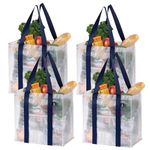 VENO 4 Pack Reusable Grocery Shopping Bag w/Hard Bottom for Trolley Cart, Heavy Duty Tote Bag for Life w/Front Pocket, Beach Bag, Multi-Purpose Water-Resistant(Clear, 4 Pack)