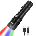 Alonefire X37 4 Color LED Tactical Torch USB Rechargeable Red Green Blue White Light Multicolor Flashlight RGB Waterproof Zoom with Power Bank, Battery Included for Tracking Fishing Hunting Police