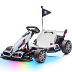 Electric Go Kart with Adjustable Seat, 24V Licensed BMW Drift Kart with Dual 200W Motors, Crazy Go Cart for Kids Ages 6-12, LED Lights, Drift Mode and 2 Speed (White)