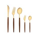 YELONA 5 pcs Golden Flatware Cutlery Set, Stainless Steel with Wooden Handle Tableware Set - 2 Spoons, 2 Forks & 1 Steak Knife