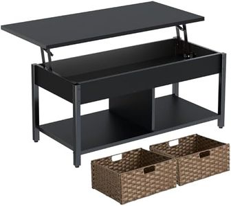 Rolanstar Coffee Table with Lift Top, Hidden Storage Compartment and 2 Rattan Baskets, 41.7" Retro Central Table with Wooden Tabletop and Metal Frame for Living Room, Black