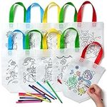 THE TWIDDLERS - 10 Kids Colour-in Bags, Paint Your Own Gift Bag for Kids, Eco Non Woven Reusable and Washable Bags with Colouring Pens, DIY Party Birthday - Assorted Designs, 25cm x 22cm