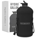 Hydro Gallon® - 1 Gallon Water Bottle Jug with Insulated Sleeve and Straw Lid, Handle, Time Marker, Pocket, Shoulder Strap. Daily Intake Leakproof BPA free Large Big Bottle Men. 128oz (Black)