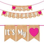 Wobbox Birthday Bunting Banner "Its My Half Birthday" Jute Style Pink Heart, Birthday Decoration Item