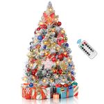 3FT Snow Flocked Christmas Tree, Small Prelit Table Top Christmas Tree Set with 80 LED Lights,200 Branch Tips,100+ DIY Ornaments and Remote Control, Xmas Decor for Home Party Holiday (Snow Green)