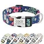 Personalized Floral Dog Collars with Name,Custom Soft Dog Collars with Engraving Buckle for Small Medium Large Dogs (S(Width:3/5'' Neck:9.5-14.0''),Blue 1)