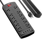 Power Strip, ALESTOR Surge Protector with 12 Outlets and 4 USB Ports, 15 Feet Extension Cord (1875W/15A), 2700 Joules, ETL Listed, Black