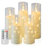 Liomus Flickering Flameless Candles, LED Pillar Canldes with String Light,Battery Operated Control Timer Flameless Candles for Wedding Christmas Home Decor Set of 5 (D2.3in*H5 6 7 8in),Warm White