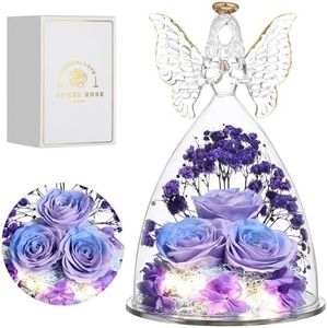 Tiaronics Mothers Day Rose Gifts for Women Preserved Real Flower in Glass Angel Figurines Roses for Delivery Prime Birthday Gifts for Mom Grandma Girlfriend Wife Her, BluePurple