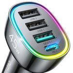 USB C Car Charger, 4 Ports 45W [ PD 30W&QC3.0] Super Fast Mini Car Charger Adapter, USB Car Charger Compatible with iPhone 16/15/Samsung S24, Cigarette Lighter USB Charger for Family Travel