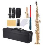 QIONGHA Brass Straight Soprano Sax Saxophone Bb B Flat Woodwind Instrument Natural Shell Key Carve Pattern with Carrying Case Gloves Cleaning Cloth Straps Rod