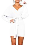 Zonsaoja Women Sweater Dress Sexy V Neck Long Sleeve Backless Wrap Knitted Mini Dresses White L