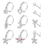 Subiceto 10Pcs 20G Nose Ring Dangle Nose Hoops Rings L Shaped Studs for Women Men Flower Butterfly Heart Moon Star Cubic Zirconia Nose Ring Silver/Gold/Black/Rose Gold Tone Nose Piercing Jewelry