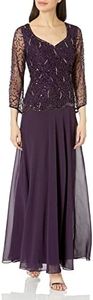 J Kara Women's 3/4 Sleeve Mock 2 Piece Asymetrical Scallop Beaded Long Dress, Plum Multi, 8