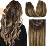 DOORES Human Hair Clip in Extensions Balayage Chocolate Brown to Caramel Blonde 24 Inch 120g 7pcs Hair Extensions Clip in Remy Human Hair Extensions Natural Straight Hair Extensions