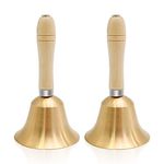 2 Pieces Hand Bell Solid Brass Hand Call School Bell with Wooden Handle Loud Ringing Bell Hand Held Service Bell for School Church Hotel Christmas and Wedding Service