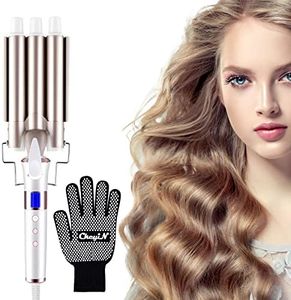 CkeyiN 3 Barrel Curling Iron Wand Hair Waver with LCD 16 Temperature Control Display, Ceramic Tourmaline Crimper Hair Iron with Glove, Dual Voltage for All Hair Types Crimper Beach Waving Styling