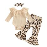 Xumplo Baby Girl Clothes Infant Rib Frill Outfits Long Sleeve Newborn Lace Romper Flared Leopard Print Pants Headband 12-18 Months