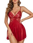 Avidlove Women Lingerie Lace Chmeise V Neck Babydoll Full Slip Nightwear Mesh Nightdress Wine Red