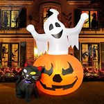 HOPOCO 5 FT Halloween Inflatables Spooky Pumpkin and Witch' s Black Cat Combo Inflatable Decor, Halloween Blow Up Yard Decorations Clearance with Build-in LED Lights, Halloween Yard Decorations