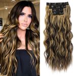 REECHO Clip in Hair Extensions, 4PCS Blonde Hair Extensions 24" Thick Long Beach Waves hair extensions HE003 Invisible Lace Weft Natural Soft Hairpieces for Women – Dark Brown with Blonde Highlights