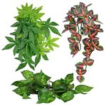 Reptile Plastic Plants Fish Tank Plants Artificial Aquarium Hanging Fake Green Leaves with Sucker Tortoise Plants for Enclosure Reptile Accessories 3PCS