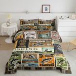 jejeloiu Fish Comforter Vintage Fish Stamp Pattern Comforter Set for Boys Girls Children Fishing and Hunting Brown Green Bedding Set Room Decor Full Size with 2 Pillow Case