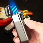 Gifts for Men, Torch Lighter, Quad 4 Jet Flame Cigar Lighter, Refillable Butane Lighter Windproof Multi Utility Lighter for Candle, Grill, Fireworks, Camping (Without Fuel) in Gift Box Matt Black