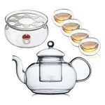 CnGlass 33.8oz Glass Teapot with Removable Infuser,Stovetop Safe Tea Kettle with 4-Pack Glass Teacups and Glass Tea Warmer 5.3 in/13.5cm Diameter