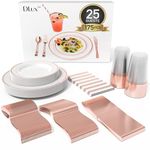 DLux 175 Pieces Rose Gold Plastic Dinnerware Set for 25 Guests, (25 Forks, Knives, Spoons, Cups, Straws, Salad & Dinner Plates) for Wedding and Party, re-usable