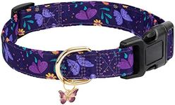 Gelwoo Dog Collars with Buckle Adjustable for Cute Girl Female Boy Dogs,Special Soft and Fancy Dog Pet Collar with Flower Design for Small Medium Large Dogs (S, Purple Butterfly)