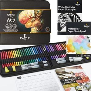 Castle Art Supplies 60 Piece Woodless Watercolor Pencils Set | 48 Solid Pigmented Pencils Plus Extras | All Core, No Wood | For Adult Artists, Starters, Colorists | In Strong Fabric Case