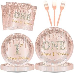 96Pcs Rose Gold 1st Birthday Party Plates and Napkins for Girls Pink One Year Old Party Supplies 1st Themed Paper Dessert Plates Tableware Set for Kids Baby Shower 24 Guests Birthday Party Decorations