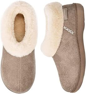 EverFoams Women's Micro Suede Memory Foam Slippers with Fluffy Faux Fur Collar and Indoor Outdoor Rubber Sole (Taupe, Size 7-8 M US)