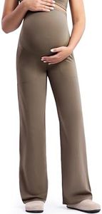 POSHDIVAH Women's Creamluxe Maternity Yoga Wide Leg Pants Tall Pregnancy Clothes Stretchy Work Dress Casual Trousers with Pockets Mocha Mousse Medium