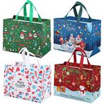 4 Pack Christmas Reusable Grocery Bag,Tote Bag with Handle, Gift Present Bag, Shopping Bag for Holiday Xmas Event Party