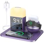 Wireless Charging Station with Alarm Clock, USB Port, 9 in 1 Bedside Fast Charging Dock Estacion de Carga Inalambrica for Multiple Apple Devices with Night Light - Purple (30W GaN Charger Included)