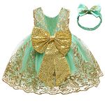 FYMNSI Baby Girl First Birthday Party Dress Toddler Kids Back Bowknot Sleeveless Lace Floral Embroidery Wedding Bridesmaid Evening Formal Pageant Princess Dress Headband Set Light Green 1-2 Years