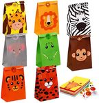 24 Pack Jungle Safari Party Favor Bags Safari Animal Kids Goodie Bags Candy Treat Bag Colorful Zoo Party Paper Gift Bags with Stickers for Kids Birthday Party Baby Shower Decorations