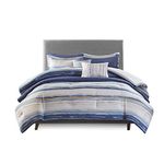 Madison Park Marina Comforter Quilt Combo Set - Modern Luxury Design, All Season Down Alternative Bedding, Matching Shams, Decorative Pillows, Full/Queen(90"x90"), Seersucker Blue 8 Piece