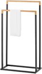 MyGift Freestanding 2-Tier Black Metal and Bamboo Towel Bar Rack