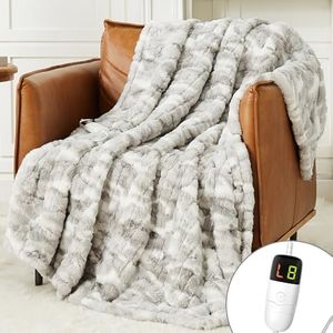 Guohaoi Heated Electric Blanket Throw, Soft Faux Rabbit Fur Heating Blanket with 10 Heating Levels 5 Sitting Timer Auto Off, 50"×60" Throw, Light Grey Cozy Fast Heating Warm Blanket