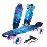 BELEEV 22 inch Skateboard Complete Cruiser Mini Skateboard for Kids Teens Adults & Beginners, PU LED Flashing Wheels with All-in-One Skate T-Tool (Galaxy Blue)