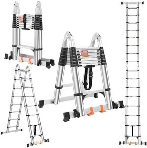 DEZEX A Frame 16.5 FT Telescoping Ladder,Aluminum Extension Ladder with Balance Bar,Wheels and 2 Triangle Stabilizers,330lbs Capacity Collapsible Telescopic Foldable Ladder for Home Outdoor
